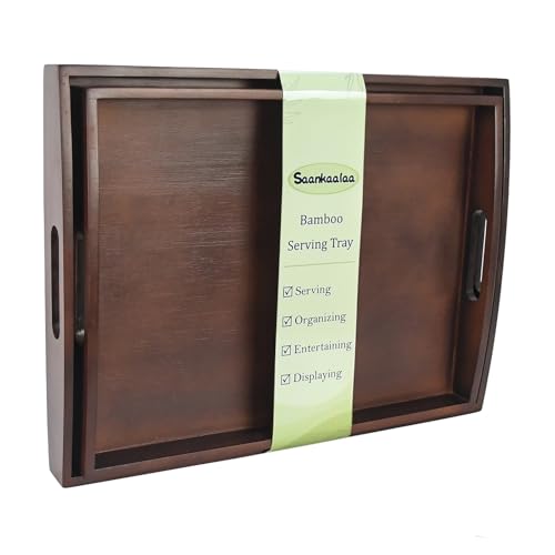 Bamboo Serving Tray with Handles, Set of 2 Wood Serving Trays for Food & Coffee, Elegant Wooden Tray for Breakfast in Bed, Kitchen & Party & Entertaining - Black Walnut Finish