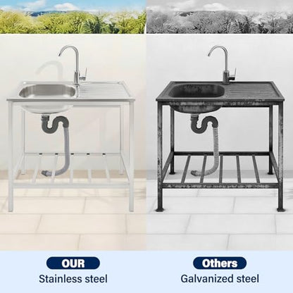 Versatile Outdoor Sink with Hose Hook Up – Heavy-Duty Stainless Steel Sink with Hose Hook Up, Large Basin, Storage Shelf & Quick Drain, Perfect for Gardens, Food Trucks, Restaurants