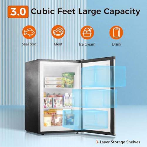 Kismile Small Freezer Upright, 3.0 Cu.ft Mini Freezer with Adjustable Thermostat, Removable Shelves, Reversible Single Door, Stand Up Freezer for Bedroom/Home/Dorms/Apartment (Stainless Steel)