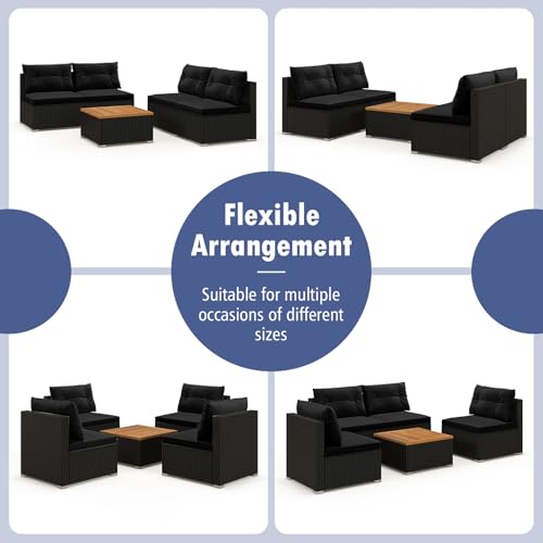 Tangkula 5 Pieces Wicker Patio Furniture Set, Outdoor 4 Armless Rattan Sofa & Coffee Table Set, with Cushions, Acacia Wood Tabletop, Sectional Patio Conversation Set for Lawn, Yard, Poolside, Black