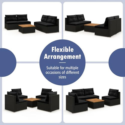 Tangkula 5 Pieces Wicker Patio Furniture Set, Outdoor 4 Armless Rattan Sofa & Coffee Table Set, with Cushions, Acacia Wood Tabletop, Sectional Patio Conversation Set for Lawn, Yard, Poolside, Black