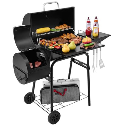 Grills House Barrel Charcoal Grill with Offset Smoker, Side Shelf with Hooks, Mesh Bottom Shelf, Blow-Molded Wheels, Outdoor Grilling and Backyard Cooking, CC1624S, Black