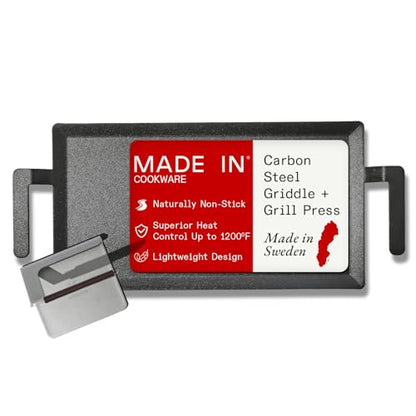 Made In Cookware - Carbon Steel Griddle + Grill Press - Professional Cookware - Crafted in Sweden - Induction Compatible