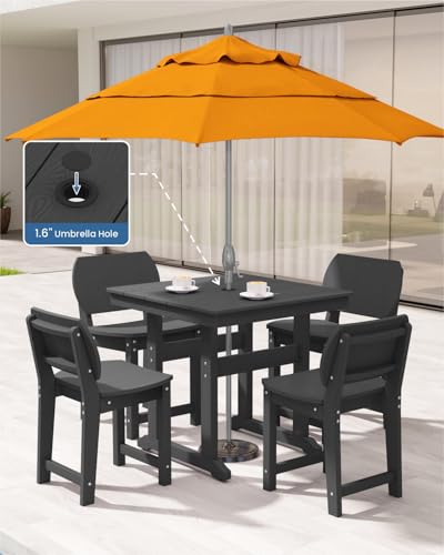 BIVODA 5-Piece HDPE Outdoor Dining Set, Weatherproof Patio Table and Chairs Set for 4, Includes 1 Square Table and 6 Armless Chairs, with Umbrella Hole (Black)