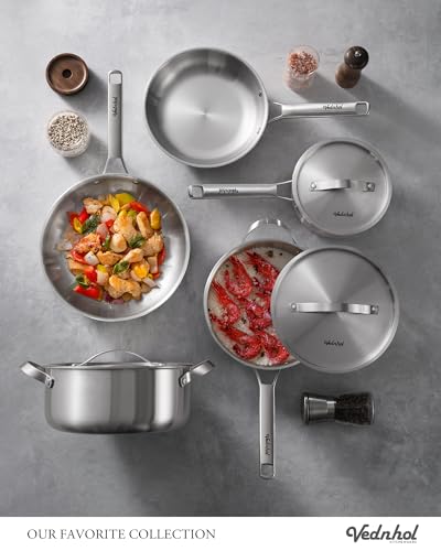 VEDNHOL Stainless Steel Frying Pan with Stainless Steel Handle,12 Inch Tri-Ply Stainless Steel Skillet,Brushed Steel Pan for Cooking,Dishwasher and Oven Safe,Induction&All Stove Compatible