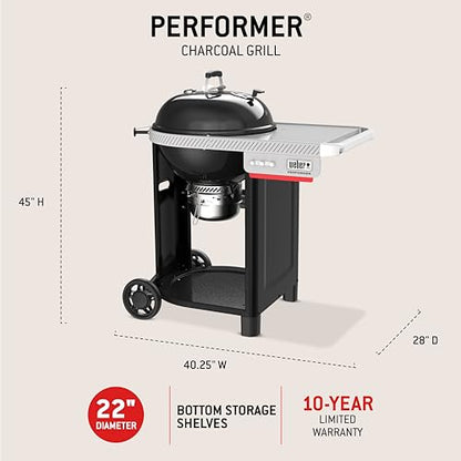 Weber Performer™ 22‑Inch Charcoal Grill for Outdoor Cooking – Black, Porcelain-Enameled Finish, Temperature Control Dampers & Prep Table, Kettle