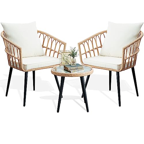 PORWEY 3 Piece Patio Bistro Set, Outdoor Wicker Apartment Balcony Furniture Sets, Rattan Table and Chairs Set of 2 for Porch Backyard Lawn Poolside Deck, Beige