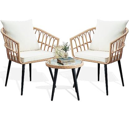 PORWEY 3 Piece Patio Bistro Set, Outdoor Wicker Apartment Balcony Furniture Sets, Rattan Table and Chairs Set of 2 for Porch Backyard Lawn Poolside Deck, Beige
