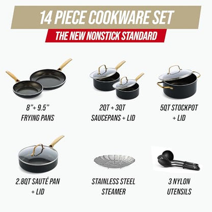Blue Diamond 14 Piece Induction Nonstick Cookware Set, Diamond Infused PFAS-Free Ceramic Nonstick Pots & Pans, Durable Metal Utensil Safe, Dishwasher Safe, Oven & Broiler to 600F, Black/Gold