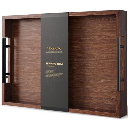 Fibogollo Bamboo Serving Tray with Metal Handles,17x12in Ottoman Decorative Trays Platter for Coffee Table,Living Room,Bar,Party,Large(Brown)