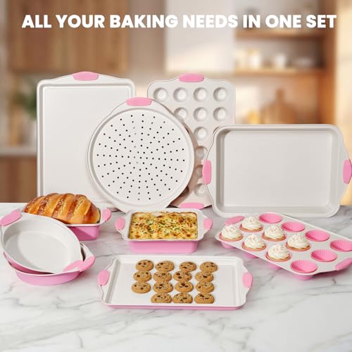 Kikcoin 22 PCS Nonstick Baking Pans Set, Stackable Bakeware Sets with Silicone Handles, 450°F Oven Safe Baking Sheet Set, Easy Release Cookie Sheets for Baking, Pink
