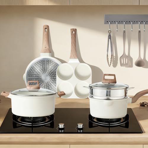 NEWBULIG 25-Piece Nonstick Cookware Set, Granite Pots and Pans with Lids, Induction Compatible Nonstick Cooking Set with Frying Pans & Saucepans, Cream White