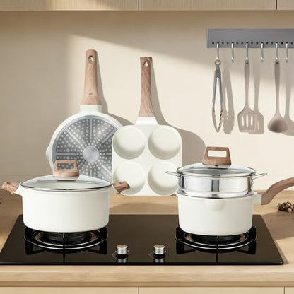 NEWBULIG 25-Piece Nonstick Cookware Set, Granite Pots and Pans with Lids, Induction Compatible Nonstick Cooking Set with Frying Pans & Saucepans, Cream White