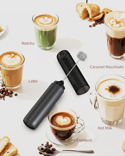 CIRCLE JOY Rechargeable Milk Frother Hanheld, Dual Coil Whisk Head Electric Coffee Frother, Portable Hand Frother Wand Drink Mixer for Matcha Lattes Cappuccino, Kitchen Gifts, Black