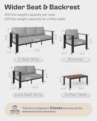 Oasbira Aluminum Outdoor Patio Furniture Set with Coffee Table, 4 Piece Patio Conversation Sets with Washable Thick Cushions, Outdoor Sectional Furniture Set for Poolside, Balcony, Deck, Gray
