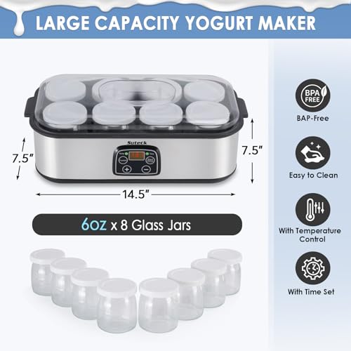 Suteck Yogurt Maker with 8 Glass Jars, Time & Temp Adjustable Control Yogurt Machine, Homemade Greek & Probiotic Yogurt, Automatic Shut-Off, BPA-Free, 48 oz Total, Black