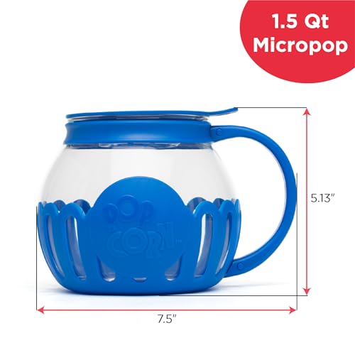 Ecolution Patented Micro-Pop Microwave Popcorn Popper with Temperature Safe Glass, 3-in-1 Lid Measures Kernels and Melts Butter, Made Without BPA, Dishwasher Safe, 1.5-Quart, Blue