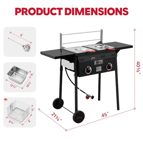 Feasto Outdoor Propane Deep Fryer with Rolling Cart, Dual Tank Fish Fryer with 2 Independent Burners, 100,000 BTU, 4-Gal Oil Capacity, Frying Station with Baskets for Fish, Fries & Chicken