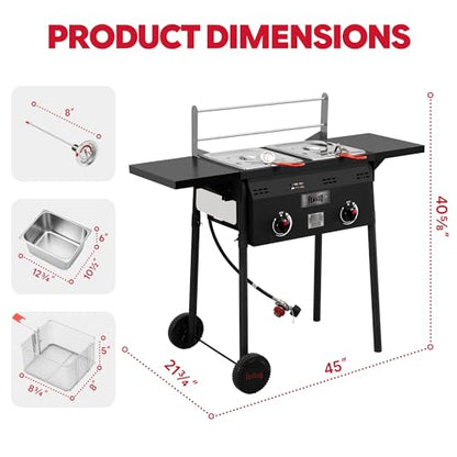 Feasto Outdoor Propane Deep Fryer with Rolling Cart, Dual Tank Fish Fryer with 2 Independent Burners, 100,000 BTU, 4-Gal Oil Capacity, Frying Station with Baskets for Fish, Fries & Chicken