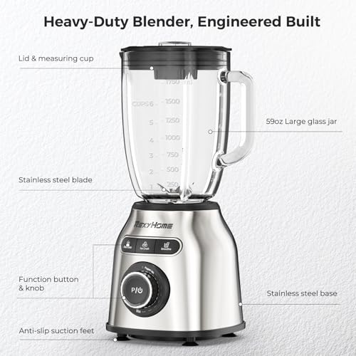 REXYHOME Blender with 3 Programs, 1000W Heavy-Duty Countertop Blenders for Kitchen, 59 Oz Glass Jar, Auto Clean 8-Speeds & Pulse Function Blender for Smoothies, Shakes, Ice Crushing & Frozen Fruit