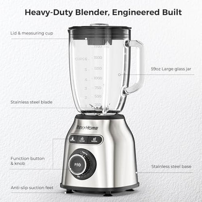 REXYHOME Blender with 3 Programs, 1000W Heavy-Duty Countertop Blenders for Kitchen, 59 Oz Glass Jar, Auto Clean 8-Speeds & Pulse Function Blender for Smoothies, Shakes, Ice Crushing & Frozen Fruit