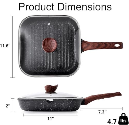 Kordisen Nonstick Grilling Pan with Lid for Stove Tops, 11 Inch Square Grill Pan for Indoor Cooking, Granite Coating Grill Skillet with Pour Spouts, Versatile Griddle, Induction Steak Pan, PFOA Free