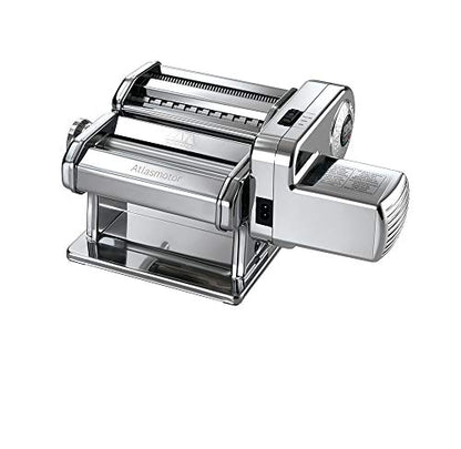 MARCATO Made in Italy Atlasmotor 110V Electric Pasta Machine, Chrome Steel. Set includes Atlas 150, handcrank, clamp, Pastadrive motor, and instruction manual