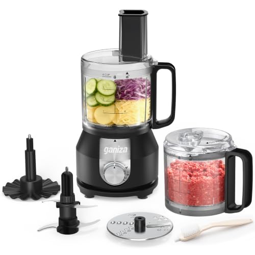 Ganiza 4-in-1 Food Processor with 2x4-Cup Bowls, Slice, Shred, Mince, Whisk