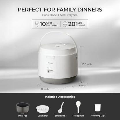 CUCKOO Basic Rice Cooker 10-Cup Uncooked / 20-Cup Cooked, Large Rice Maker and Warmer with Nonstick Inner Pot, Easy to Use with Auto Keep Warm, Includes Steam Tray, White (CR-1095)