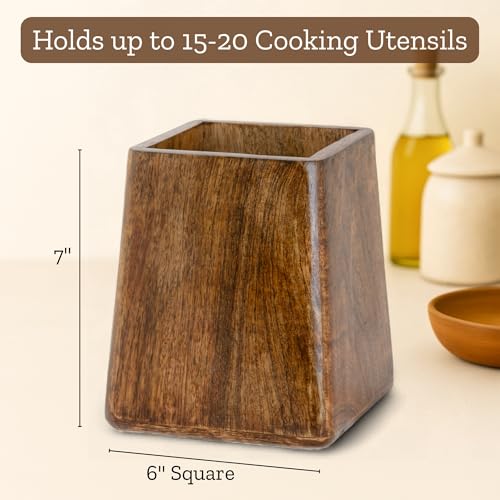 Mie Creations Rustic 7'' Large Utensil Holder Crock for Kitchen Countertop | Thanksgiving Christmas Utensils Crock, Wooden Square Spatula Organizer Caddy for Party, Cooking Counter Decor- Dark Brown