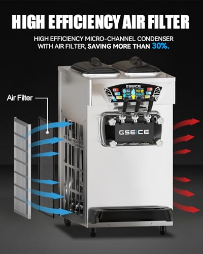Commercial Ice Cream Maker, 6.8-8.4 Gal/H, 2 * 8L Hopper 110V Countertop Soft Serve Ice Cream Machine, 3 Flavors Puffing Alarm Pre-Cooling For Shops Cafes Dessert Stores, Auto Clean & Touch Screen