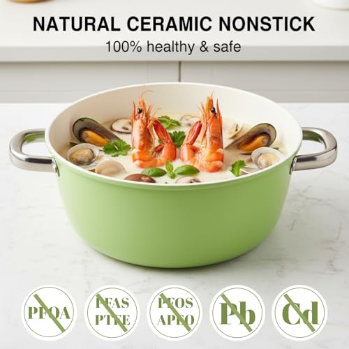 ZENFUN Ceramic Nonstick Stock Pot with Lid, 4.2 Quart Soup Pot, Cooking Pot Stew Pots, Induction Compatible Stockpot, Avocado Green