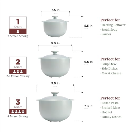 MINH LONG 2-Qt Porcelain Dutch Oven with Lid – Lead & Cadmium Free, Oven Safe to 482°F, Heat Retention, Clay Pot for Cooking on Gas & Infrared Cooktop, Use to Marinate, Cook, Bake, Refrigerate & Serve