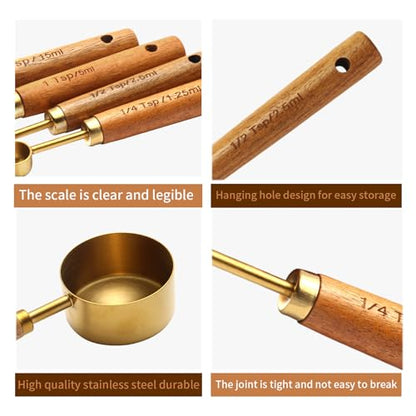 Gold Measuring Cups and Spoons Set of 4, Golden Stainless Steel Measuring Cups with Wooden Handles brass Measuring Spoons Set for Baking Supplies