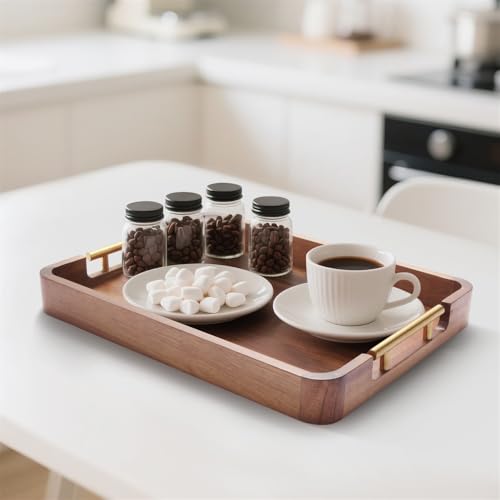 Acacia Wood Serving Tray with Handles, 17x13 Inch Ottoman Tray for Coffee Table,Candle Display,Breakfast in Bed, Large Wooden Decorative Tray with Non-Slip Pads, for Kitchen, Dining, Home Decor