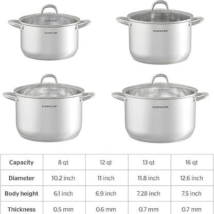 Sunhouse Stock Pot with Lid - 12 QT Large Pot for Cooking Pasta, Soup, Spaghetti - Impact Bonding Base Big Stainless Steel Pots for Canning, Boiling - Oven Safe & Induction Compatible Cookware