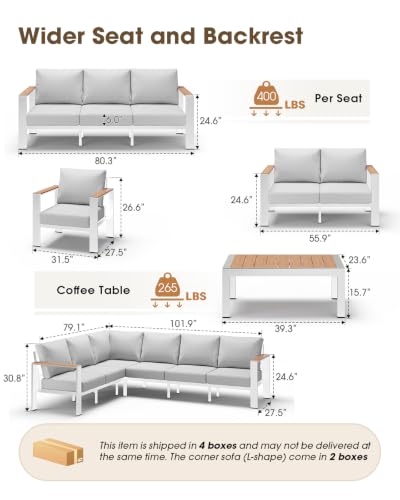 ComfCove Aluminum Outdoor Patio Furniture Set 8 Seats, Outdoor Sectional Corner Sofa, Patio Conversation Set with Coffee Table & Washable Cushions, Furniture Set for Porch, Balcony, Deck, White
