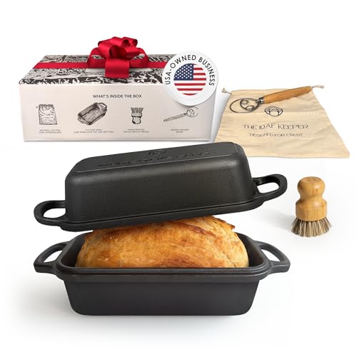 White Oaks Ranch Cast Iron Bread Loaf Pan + Bread Bag + Dough Whisk + Brush | 2-in 1 Pre-Seasoned oven-safe bread pan for homemade bread | 5-Piece Set