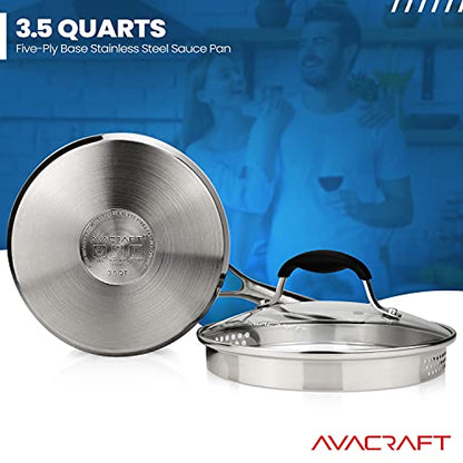 AVACRAFT Stainless Steel Saucepan with Glass Strainer Lid, Two Side Spouts for Easy Pour with Ergonomic Handle, Multipurpose Sauce Pot (5-Ply Capsule Bottom, 3.5 Quart)