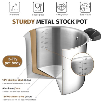 12 Quart 3-Ply Cooking Stock Pot with Lid, P&P CHEF Stainless Steel Large Pot for Pasta Soup, Work on Multi Stove, Heavy Duty & Dishwasher Safe, Dual Heat-resistant Handles & Transparent Glass Lid