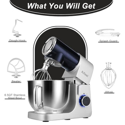 Aifeel Stand Mixer,6.5QT Tilt-Head Electric Stand Mixer,700W DC Motor with Low Noise,Kitchen Mixer with Dough Hook,Beater,Whisk,Dishwasher-Safe Attachments for Baking (Black)