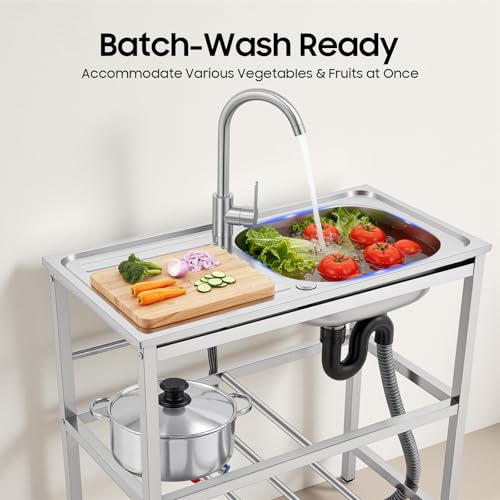 DYRABREST 75x40x78cm Outdoor Kitchen Sink with Workstation, Heavy-Duty Stainless Steel Freestanding Sink with 2-Tier Storage Racks, 360° Swivel Faucet, Adjustable Feet for Backyards, Cafes