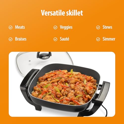 Toastmaster 12" Nonstick Electric Skillet - Deep Skillet Appliance with Glass Lid - Multipurpose Kitchen Cookware for Breakfast & More