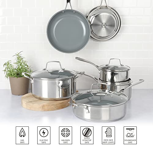 Martha Stewart Delaroux 10 Piece Stainless Steel Pots and Pans Kitchen Cookware Set w/PFAs Free Premium Nonstick Ceramic Interior