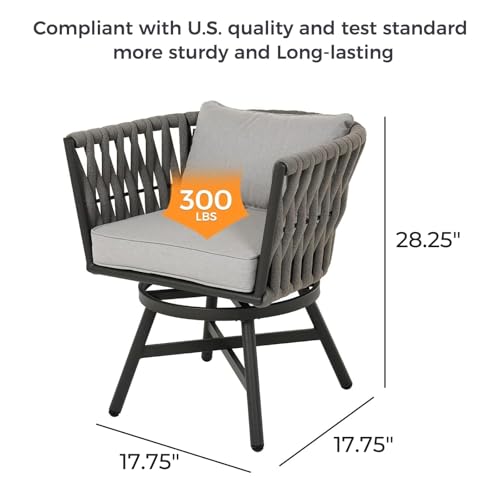 Grand patio 5-Piece Outdoor Dining Set for 4, Patio Dining Furniture Set for 4 Swivel Rope Wicker Chairs & 1 Square Dining Faux Woodgrain Table with Umbrella Hole, Light Gray Brown