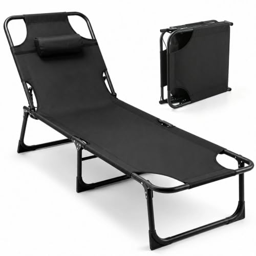 Foldable Camping Cot Reclining Lounge Chair with Pillow, 330 lbs Heavy Duty