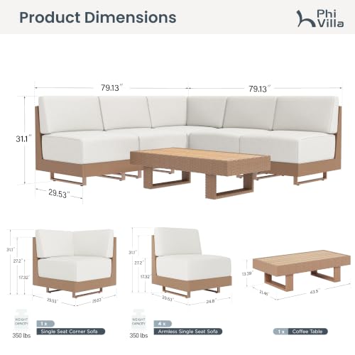 PHI VILLA 6 Piece Wicker Patio Sectional Furniture Set 8.7" Thick Cushions