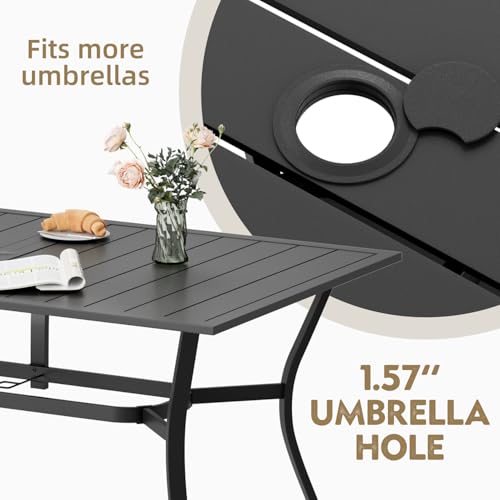 MELLCOM 7-Piece Outdoor Dining Set, 6 Swivel Rocker Chairs with High Back Textilene & Rectangular Metal Dining Table with Umbrella Hole, Patio Furniture Set for Porch, Deck, Brown