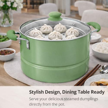 Alpine Cuisine 12-Quart Stock Pot with Lid, Aluminum Cooking Pot with Gray Ceramic Nonstick Coating for Soup, Pasta & Stews, Watercress Green