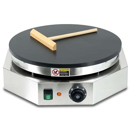 3000W Commercial Crepe Maker, 16" Non-Stick Electric Griddle with 0-300℃ Adjustable Temperature, Stainless Steel Pancake & Jianbing Machine with Wooden Spreader for Home, Snack Bar & Food Stall